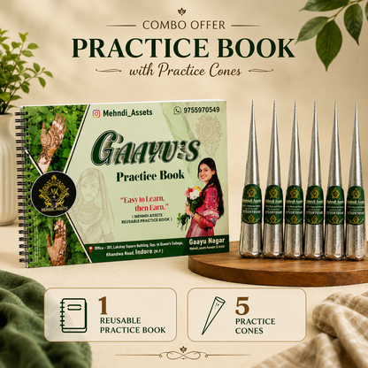 Gaayu’s Reusable Practice Book with 5 Mehndi Practice Cones – Combo Set