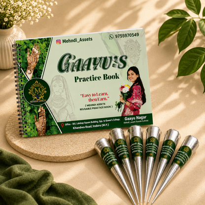 Gaayu’s Reusable Practice Book with 5 Mehndi Practice Cones – Combo Set