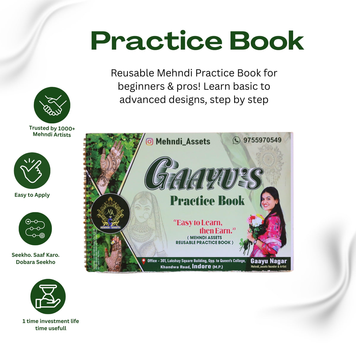 Mehndi practice book with branding and product details on a white background